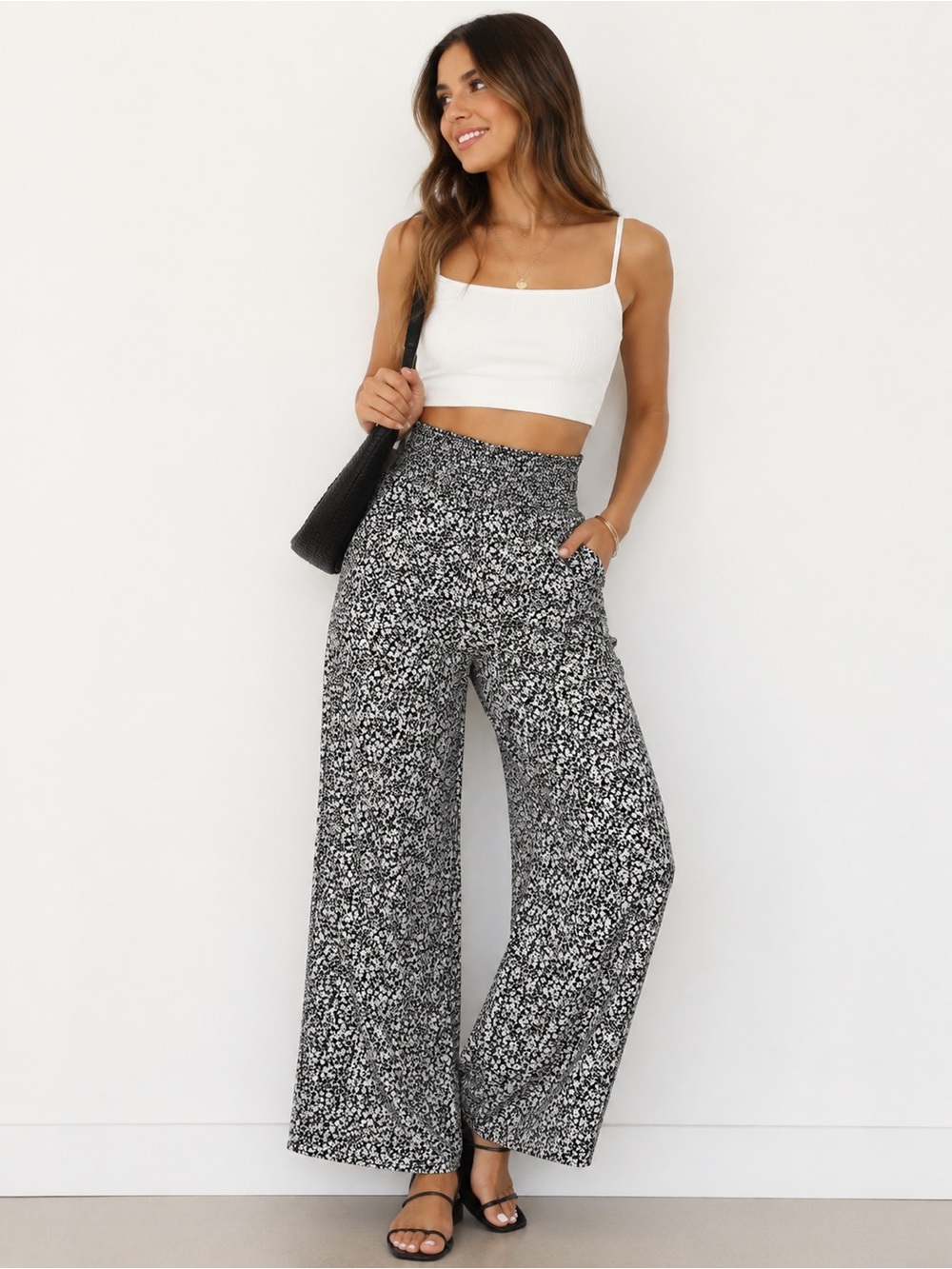Sienna Sky Black White Floral Wide Leg Pants Size M Smocked High Waist Boho